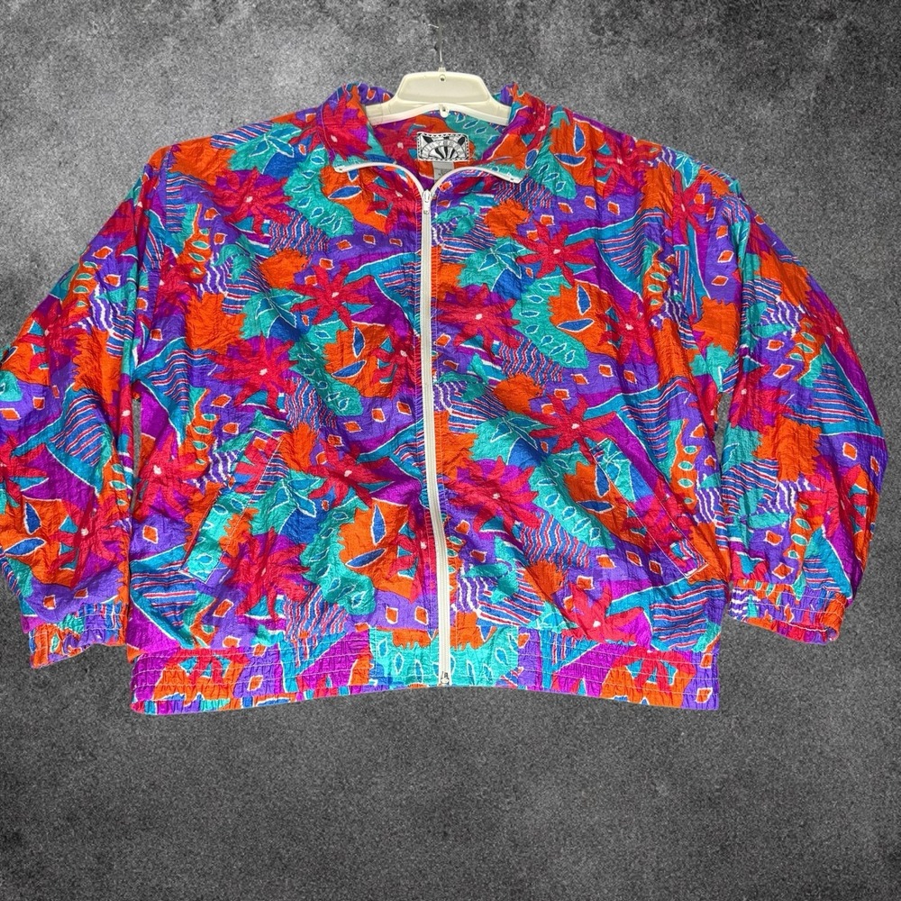 Vintage Sunterra Windbreaker Jacket Womens L Colorful Tropical 90s Full Zip